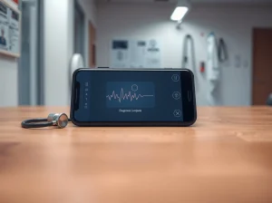 Smartphone displaying a medical AI diagnostic interface on a clinic table with medical equipment blurred in background
