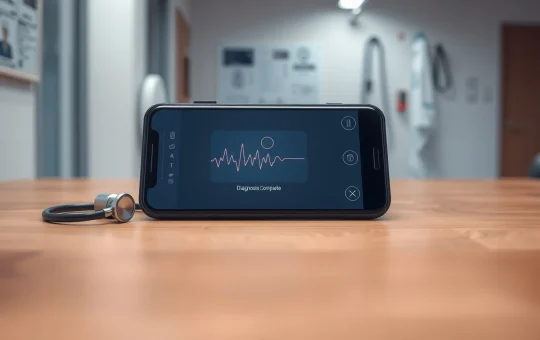 Smartphone displaying a medical AI diagnostic interface on a clinic table with medical equipment blurred in background