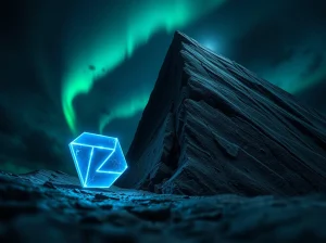 Tezos XTZ crypto symbol attempting to break out of a downtrend, represented by a glowing blue icon at the base of a rocky cliff.