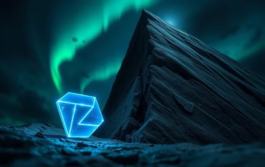 Tezos XTZ crypto symbol attempting to break out of a downtrend, represented by a glowing blue icon at the base of a rocky cliff.