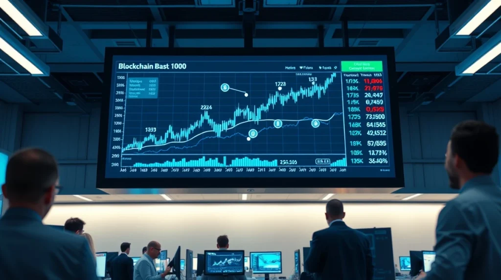 Digital trading floor with blockchain visualization and tokenized asset charts