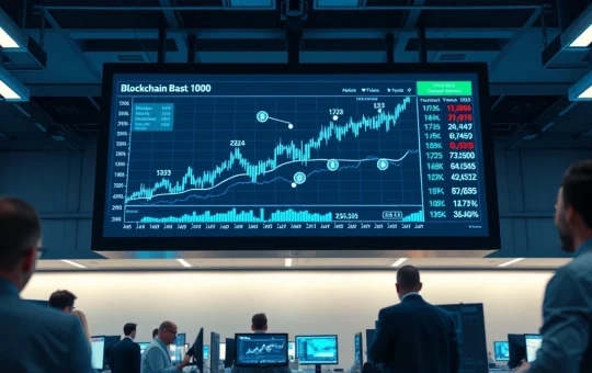 Digital trading floor with blockchain visualization and tokenized asset charts