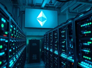 Interior of a cryptocurrency mining facility with rows of mining rigs and an Ethereum symbol on a monitor
