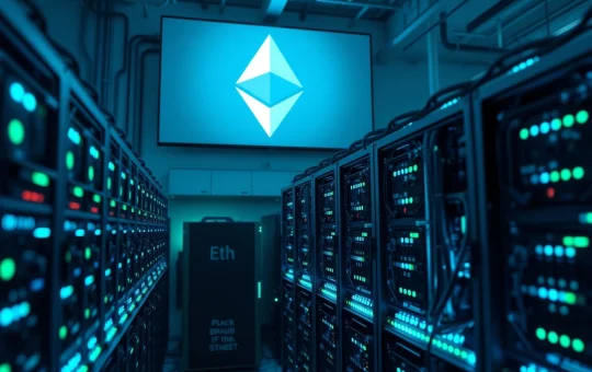 Interior of a cryptocurrency mining facility with rows of mining rigs and an Ethereum symbol on a monitor