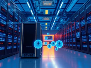 Tom Lee Bitmine data center with Ethereum mining rigs and digital ETH tokens representing the firm's $12.11B holdings.