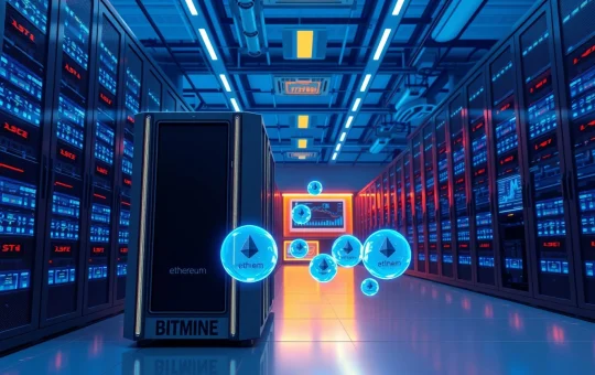 Tom Lee Bitmine data center with Ethereum mining rigs and digital ETH tokens representing the firm's $12.11B holdings.