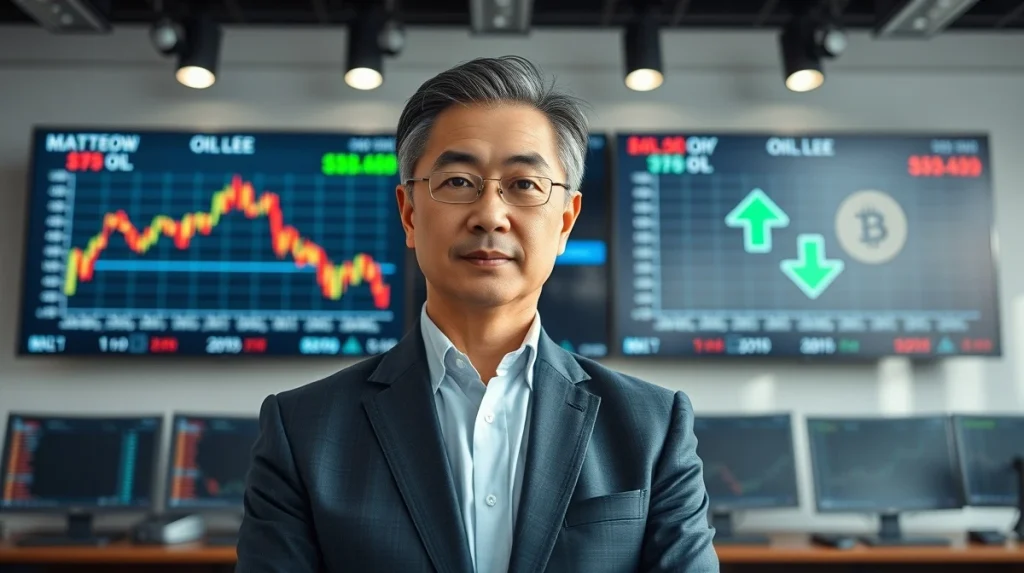 Tom Lee standing before screens showing rising oil prices and falling crypto prices