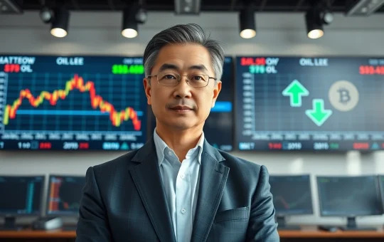 Tom Lee standing before screens showing rising oil prices and falling crypto prices