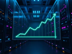 Data center with a glowing graph showing a surge in trading volume, representing TON DeFi growth.