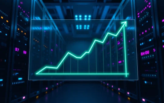 Data center with a glowing graph showing a surge in trading volume, representing TON DeFi growth.