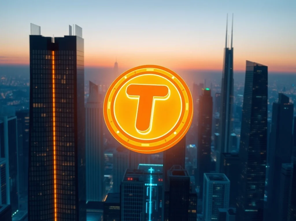 Toncoin price prediction 2026-2030: A glowing Toncoin coin icon above a futuristic city, symbolizing potential growth and blockchain technology.