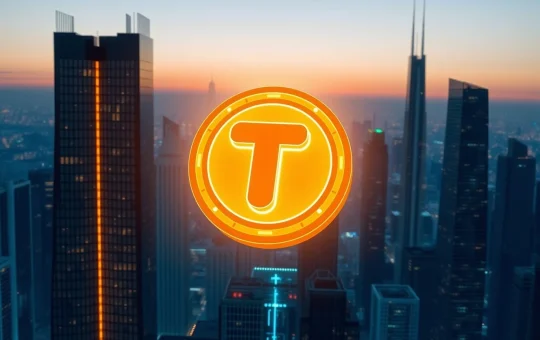 Toncoin price prediction 2026-2030: A glowing Toncoin coin icon above a futuristic city, symbolizing potential growth and blockchain technology.