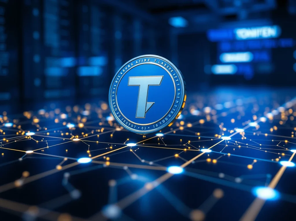 Toncoin digital coin floating above glowing network grid representing blockchain growth and price surge.