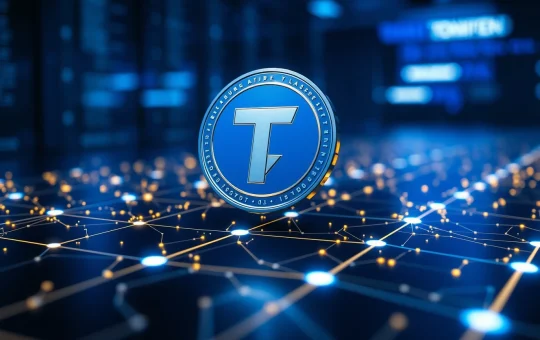 Toncoin digital coin floating above glowing network grid representing blockchain growth and price surge.