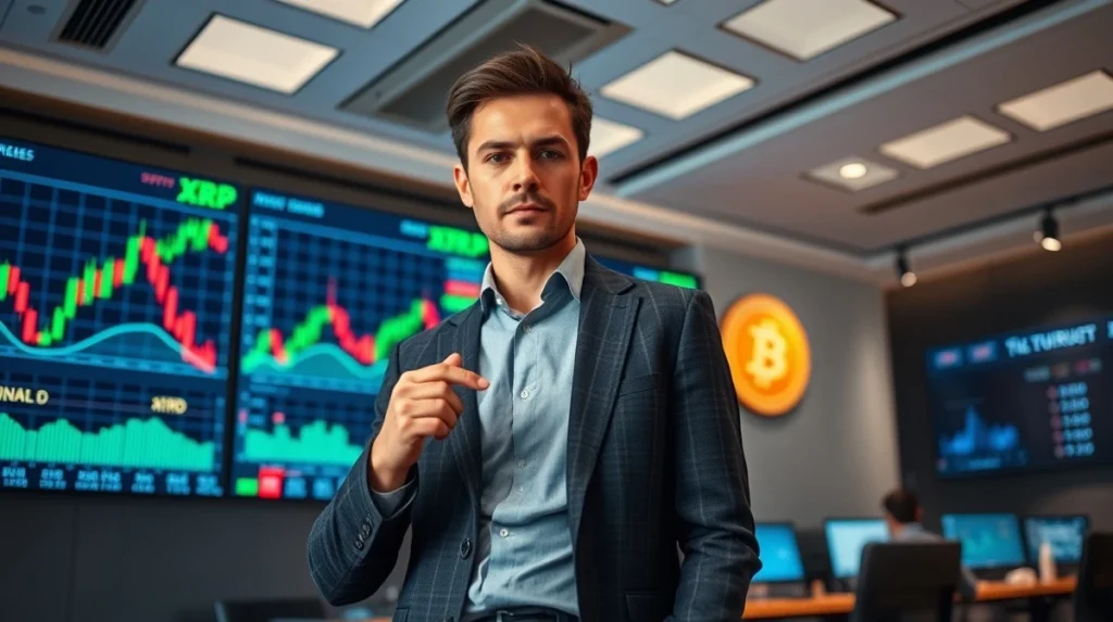 Professional analyst pointing at Bitcoin and XRP price charts on trading screens in a modern newsroom