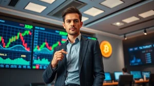 Professional analyst pointing at Bitcoin and XRP price charts on trading screens in a modern newsroom