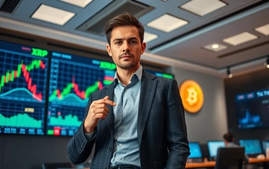 Professional analyst pointing at Bitcoin and XRP price charts on trading screens in a modern newsroom