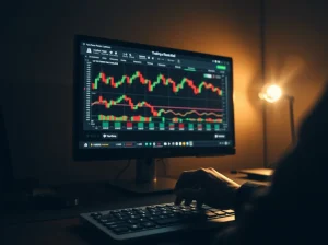 Trader facing a complex platform interface in a dim room, highlighting the lack of educational guidance