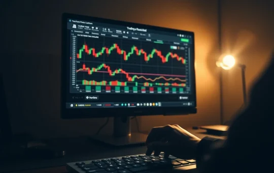 Trader facing a complex platform interface in a dim room, highlighting the lack of educational guidance