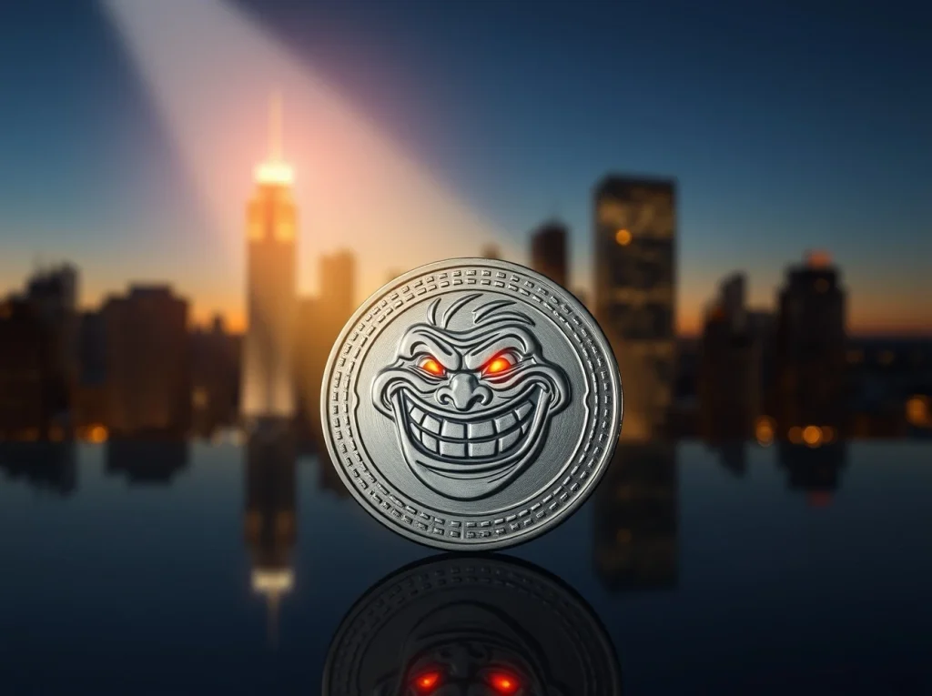 TROLL crypto token coin on reflective surface with dramatic lighting and city skyline background