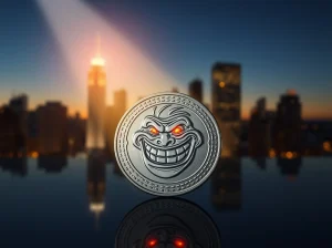 TROLL crypto token coin on reflective surface with dramatic lighting and city skyline background