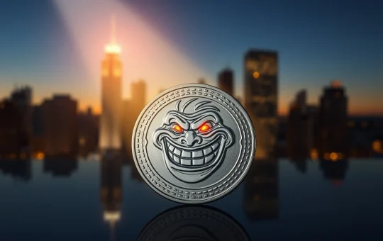 TROLL crypto token coin on reflective surface with dramatic lighting and city skyline background