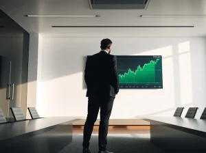 Professional boardroom with digital display showing TRX price chart and upward trend, representing corporate crypto treasury strategy