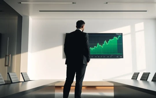 Professional boardroom with digital display showing TRX price chart and upward trend, representing corporate crypto treasury strategy
