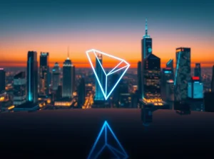 TRON price prediction 2026-2030: futuristic digital cityscape with glowing TRON logo representing blockchain technology and growth potential.