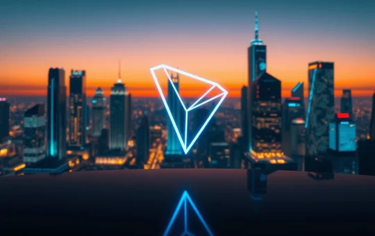 TRON price prediction 2026-2030: futuristic digital cityscape with glowing TRON logo representing blockchain technology and growth potential.