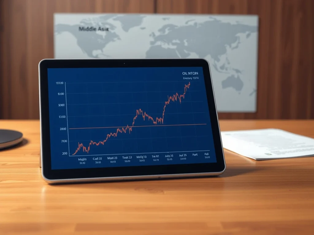 Analyst's tablet showing intersecting Bitcoin and oil price charts after Trump's Iran policy announcement.