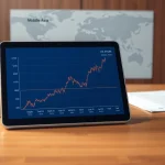 Analyst's tablet showing intersecting Bitcoin and oil price charts after Trump's Iran policy announcement.