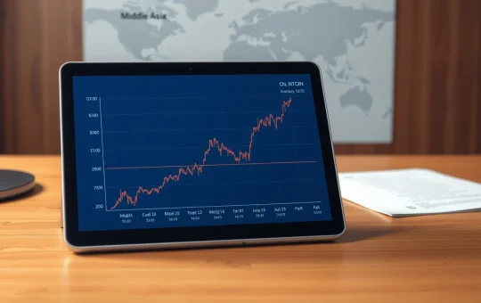 Analyst's tablet showing intersecting Bitcoin and oil price charts after Trump's Iran policy announcement.