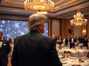 Donald Trump at a cryptocurrency gala event during a market downturn.