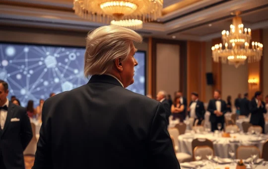 Donald Trump at a cryptocurrency gala event during a market downturn.