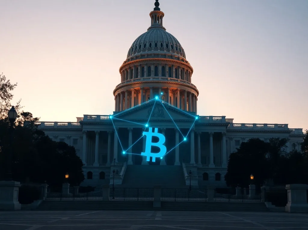 U.S. Capitol building with blockchain network overlay representing cryptocurrency regulation debate.