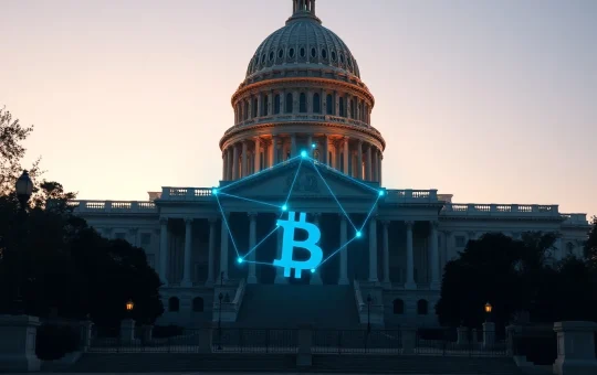 U.S. Capitol building with blockchain network overlay representing cryptocurrency regulation debate.