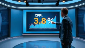 Analyst pointing at digital screen showing CPI inflation rate of 3.8 percent in news studio