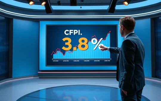 Analyst pointing at digital screen showing CPI inflation rate of 3.8 percent in news studio