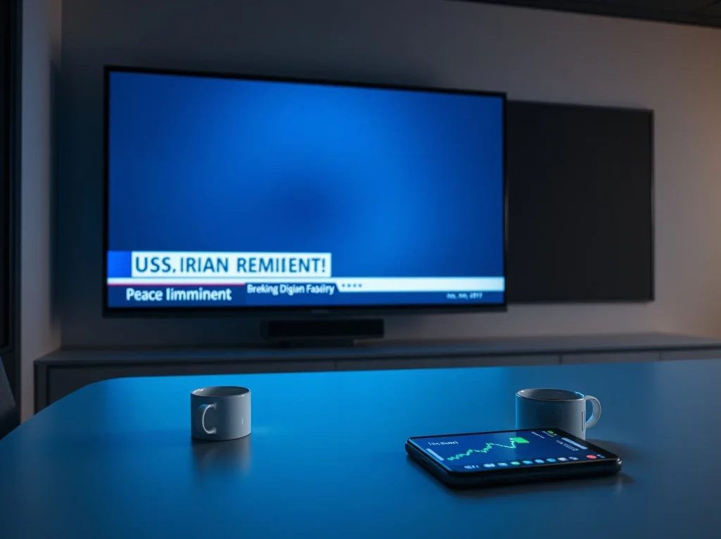 Newsroom TV screen displaying breaking news about U.S.-Iran peace deal with a smartphone showing a crypto price chart in the foreground.