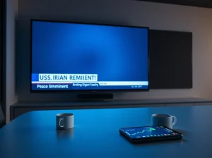 Newsroom TV screen displaying breaking news about U.S.-Iran peace deal with a smartphone showing a crypto price chart in the foreground.