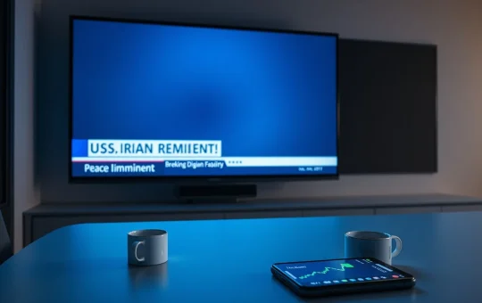 Newsroom TV screen displaying breaking news about U.S.-Iran peace deal with a smartphone showing a crypto price chart in the foreground.