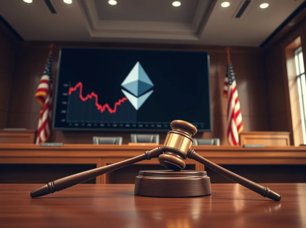 Courtroom setting with gavel and digital display showing Ethereum and a chart, representing legal action to freeze crypto assets.