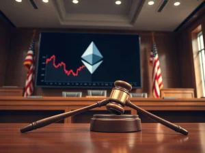 Courtroom setting with gavel and digital display showing Ethereum and a chart, representing legal action to freeze crypto assets.