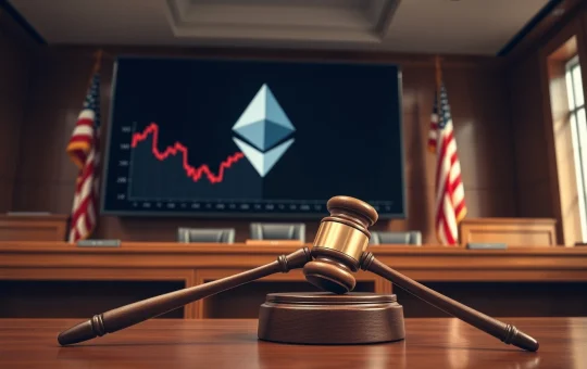 Courtroom setting with gavel and digital display showing Ethereum and a chart, representing legal action to freeze crypto assets.