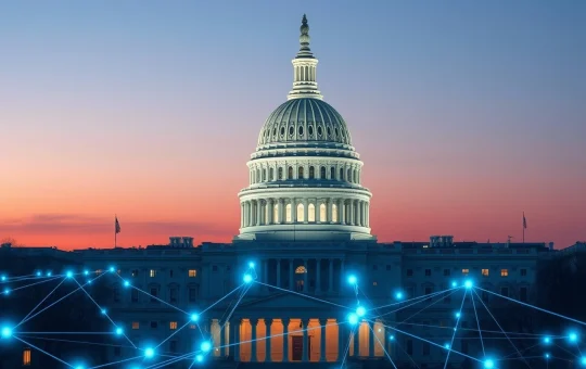 U.S. Capitol with digital payment network overlay representing ACH modernization legislation.