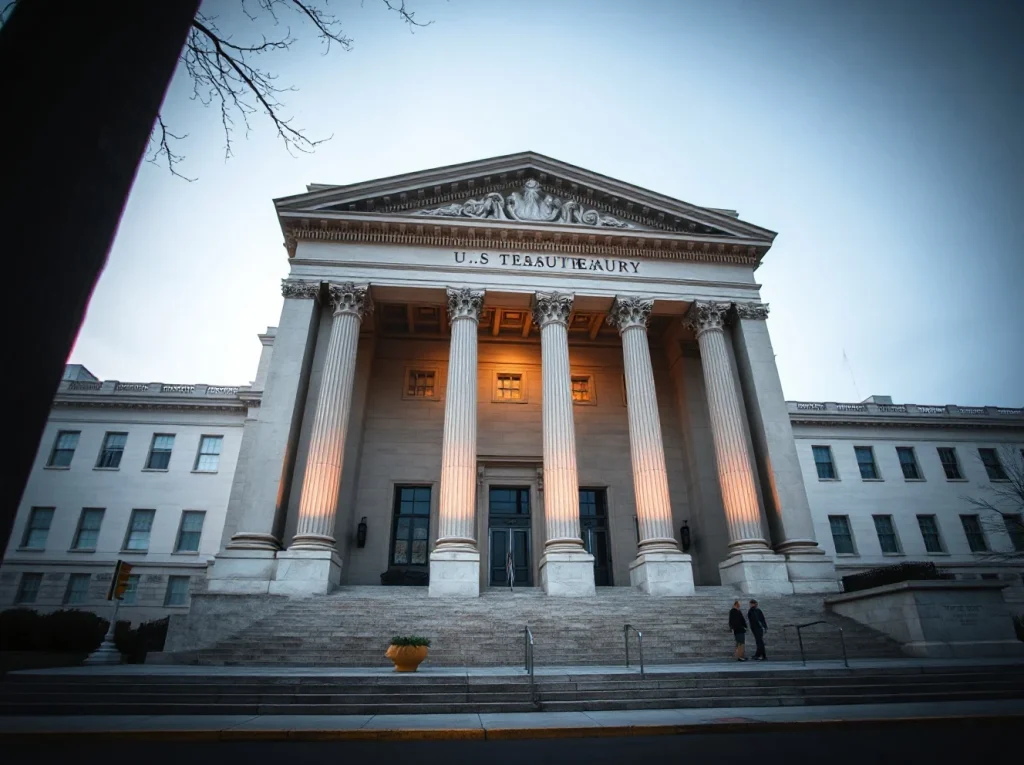 U.S. Treasury Building in Washington, D.C., under overcast sky, representing fiscal policy and debt management.