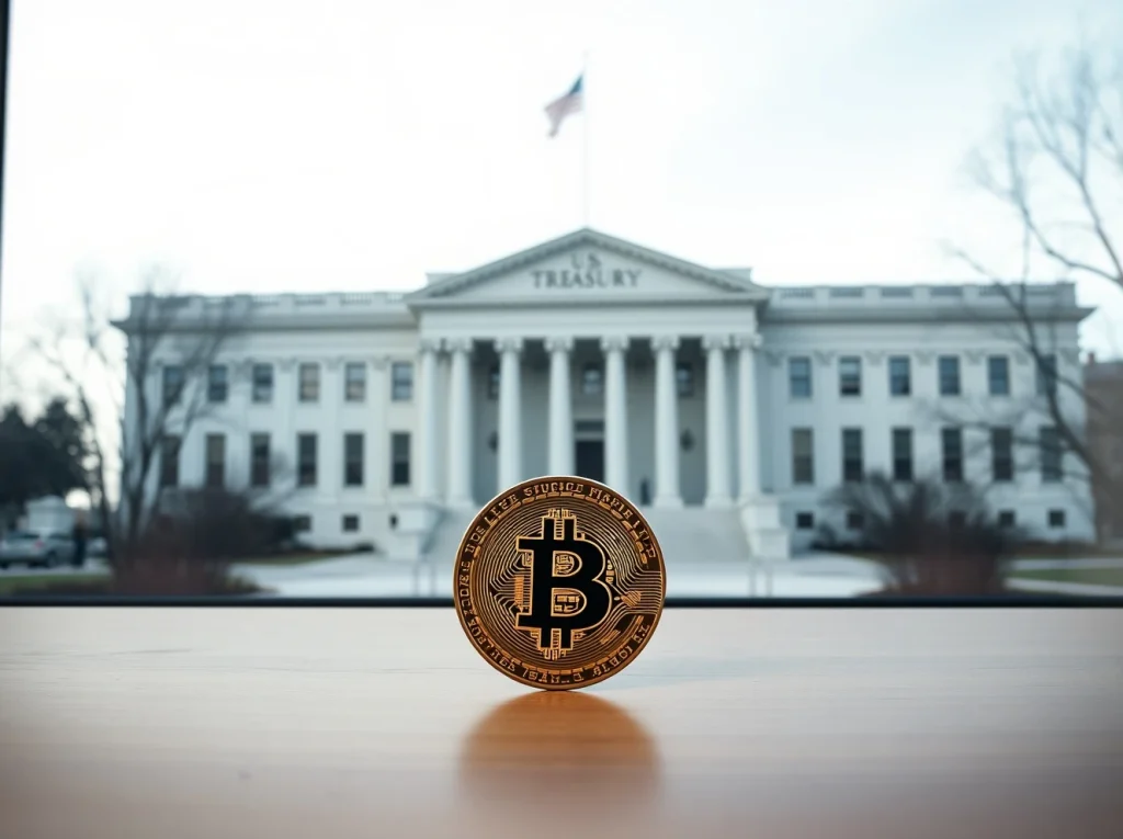 U.S. Treasury building with a Bitcoin coin in foreground, representing the connection between government debt operations and crypto market sentiment.