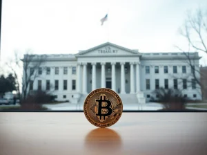 U.S. Treasury building with a Bitcoin coin in foreground, representing the connection between government debt operations and crypto market sentiment.