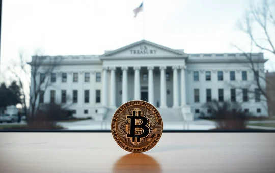 U.S. Treasury building with a Bitcoin coin in foreground, representing the connection between government debt operations and crypto market sentiment.